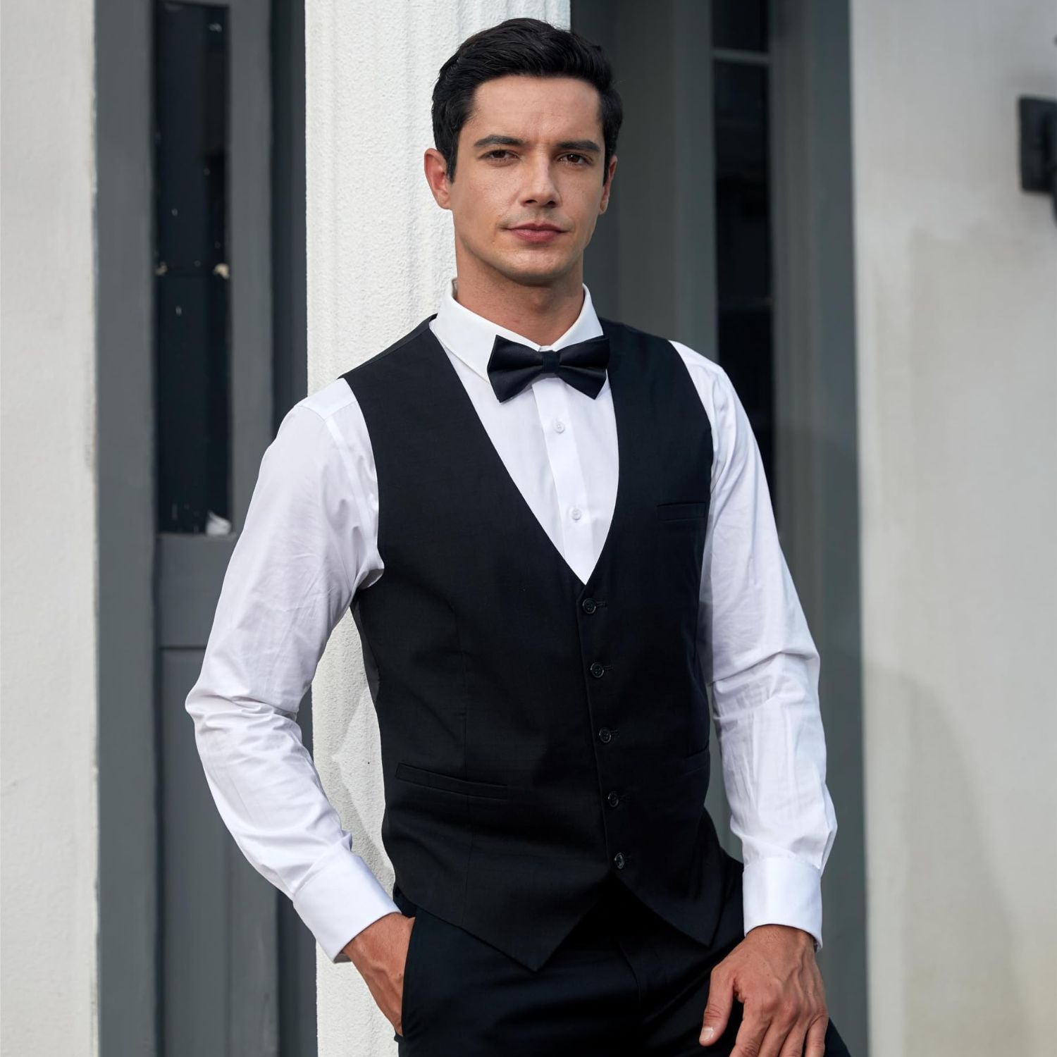 Black Solid Pre-Tied Bow Tie Accessories Set For Evening Wear - Image 3