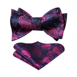 Plum Navy Blue Paisley Bow Tie Set For Evening Wear
