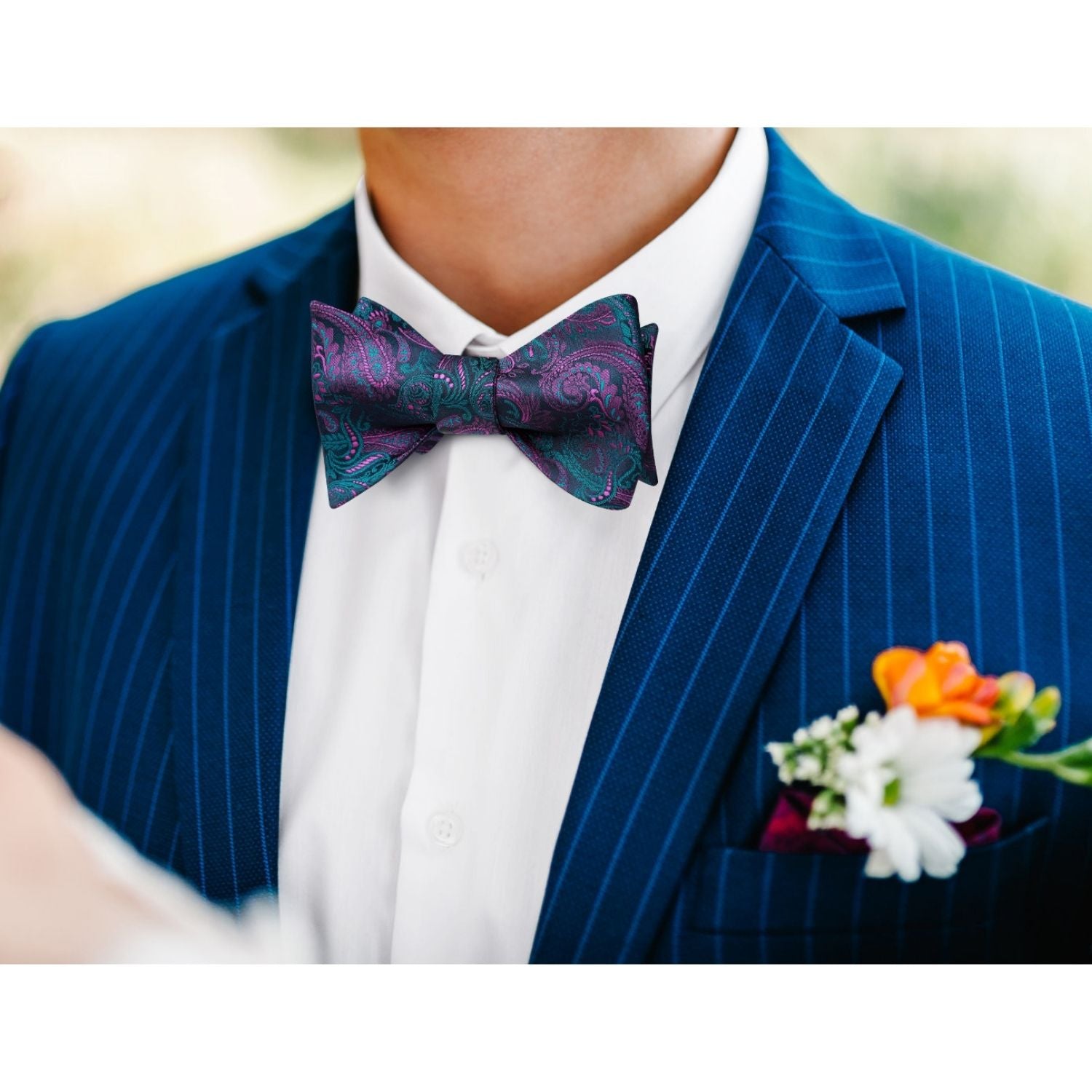Vintage Navy Blue And Purple Paisley Bow Tie Set For Wedding - Image 3