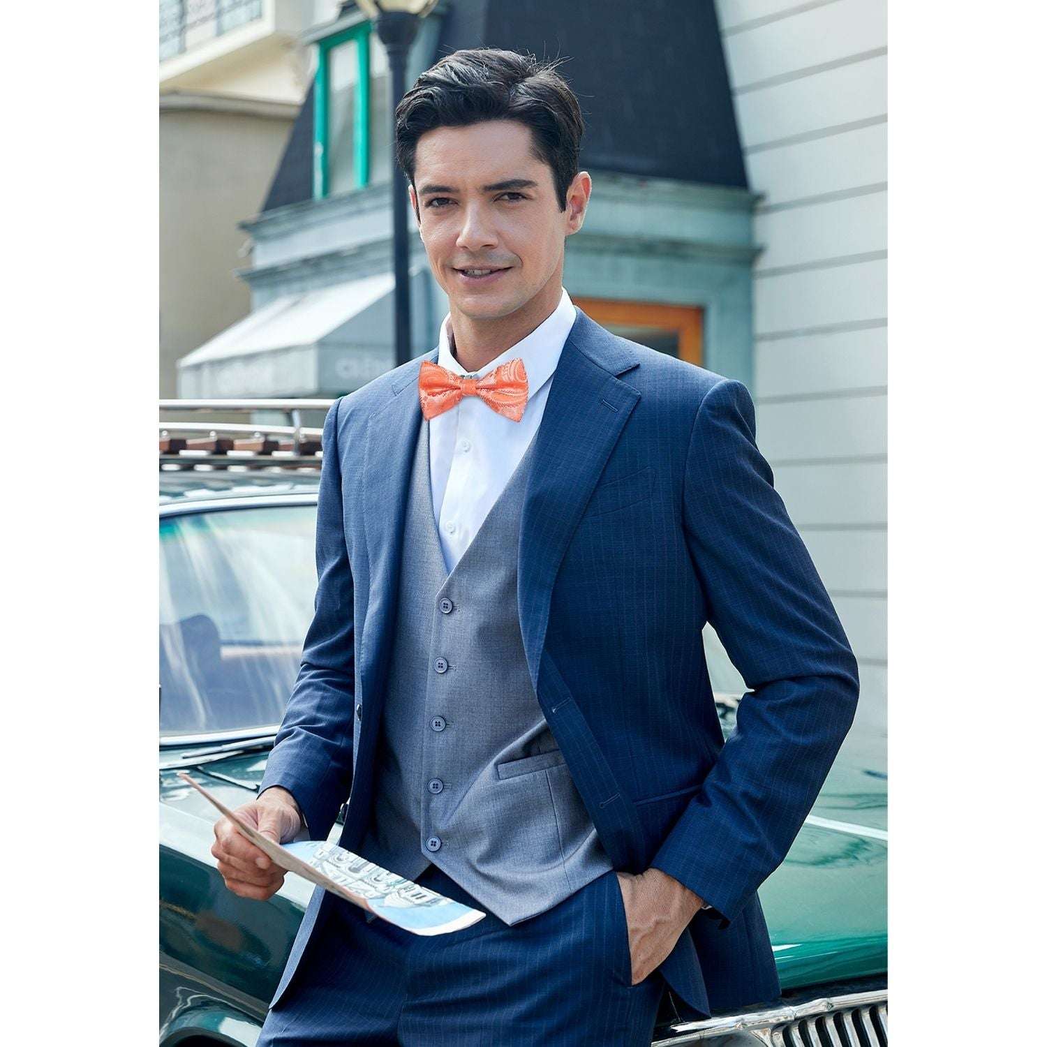 Orange Paisley Pre-Tied Bow Tie Set For Wedding - Image 2