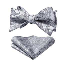 Grey Silver Paisley Bow Tie Set For Evening Wear