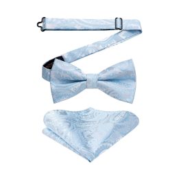 Light Blue Paisley Pre-Tied Bow Tie Set For Wedding