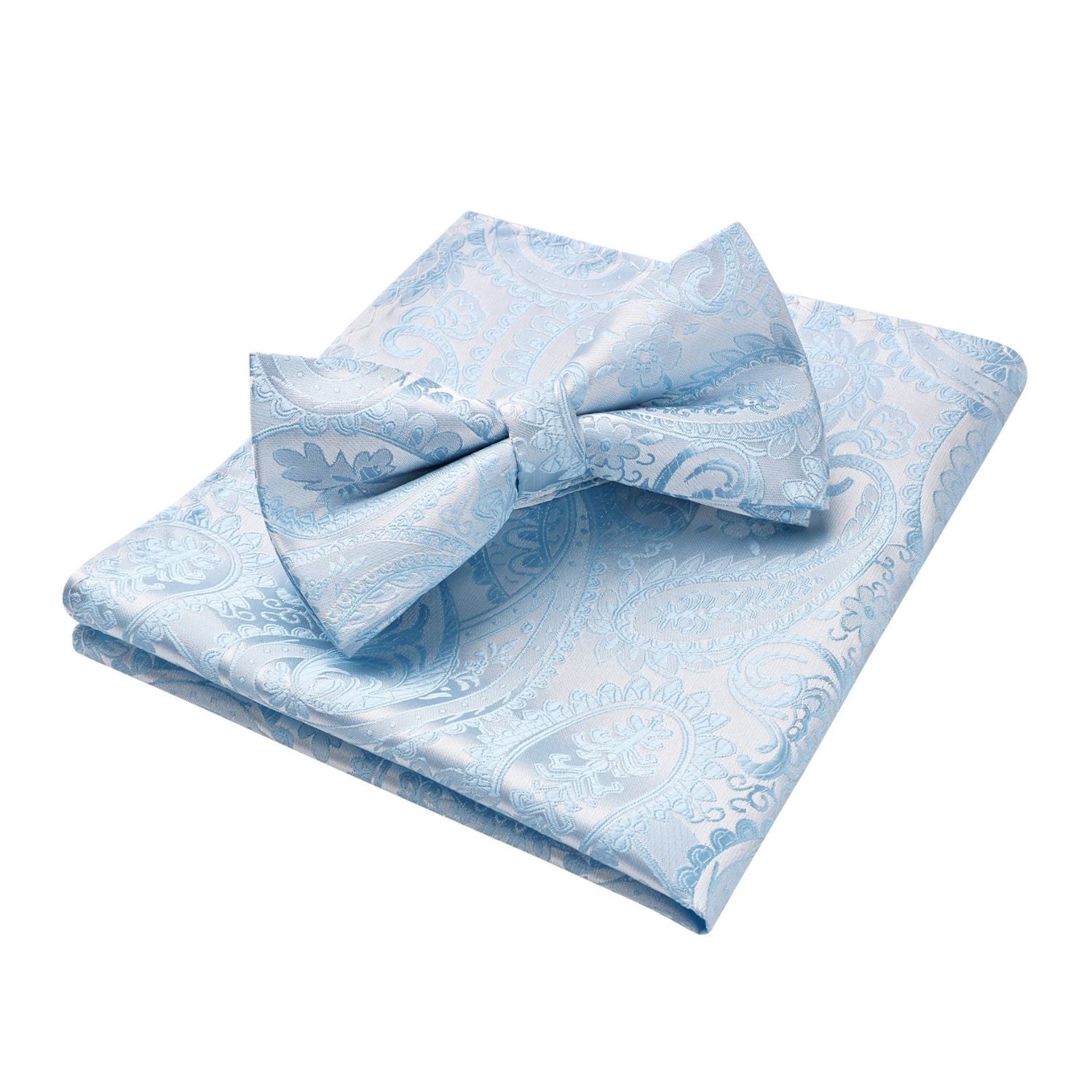Light Blue Paisley Pre-Tied Bow Tie Set For Wedding - Image 3