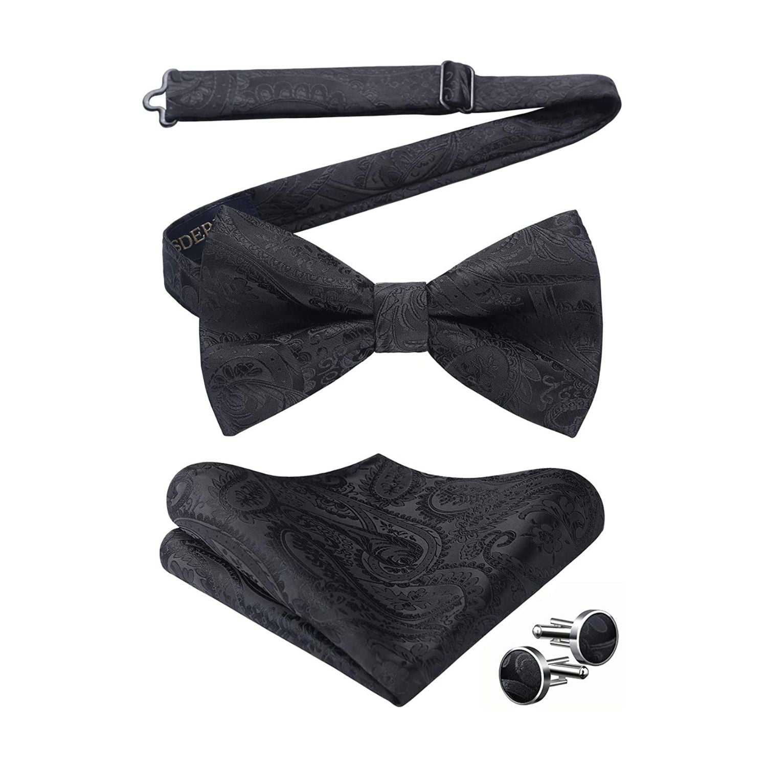 Black Paisley Pre-Tied Bow Tie Handkerchief With Cufflinks - Image 2