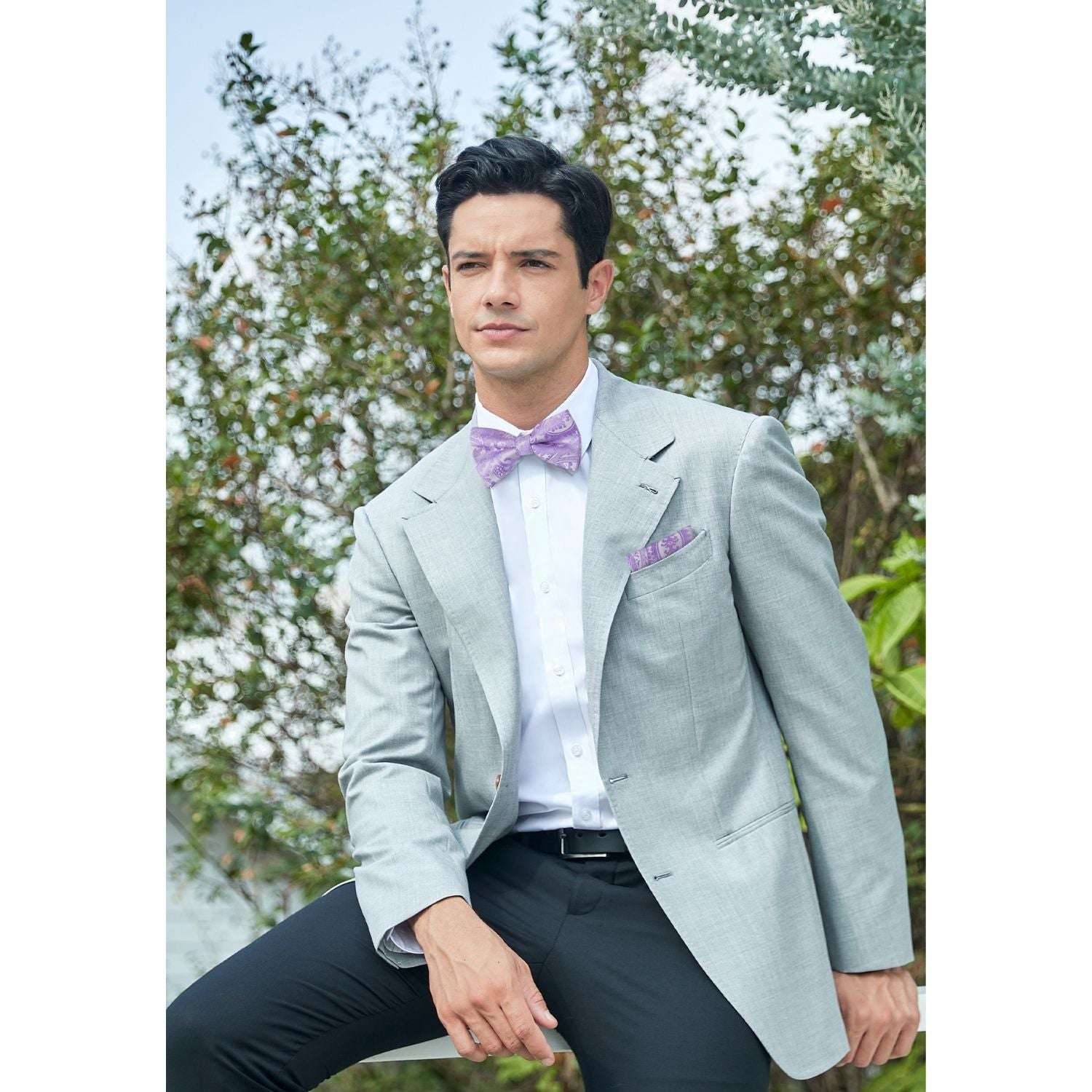 Purple Paisley Pre-Tied Bow Tie Set For Wedding - Image 2