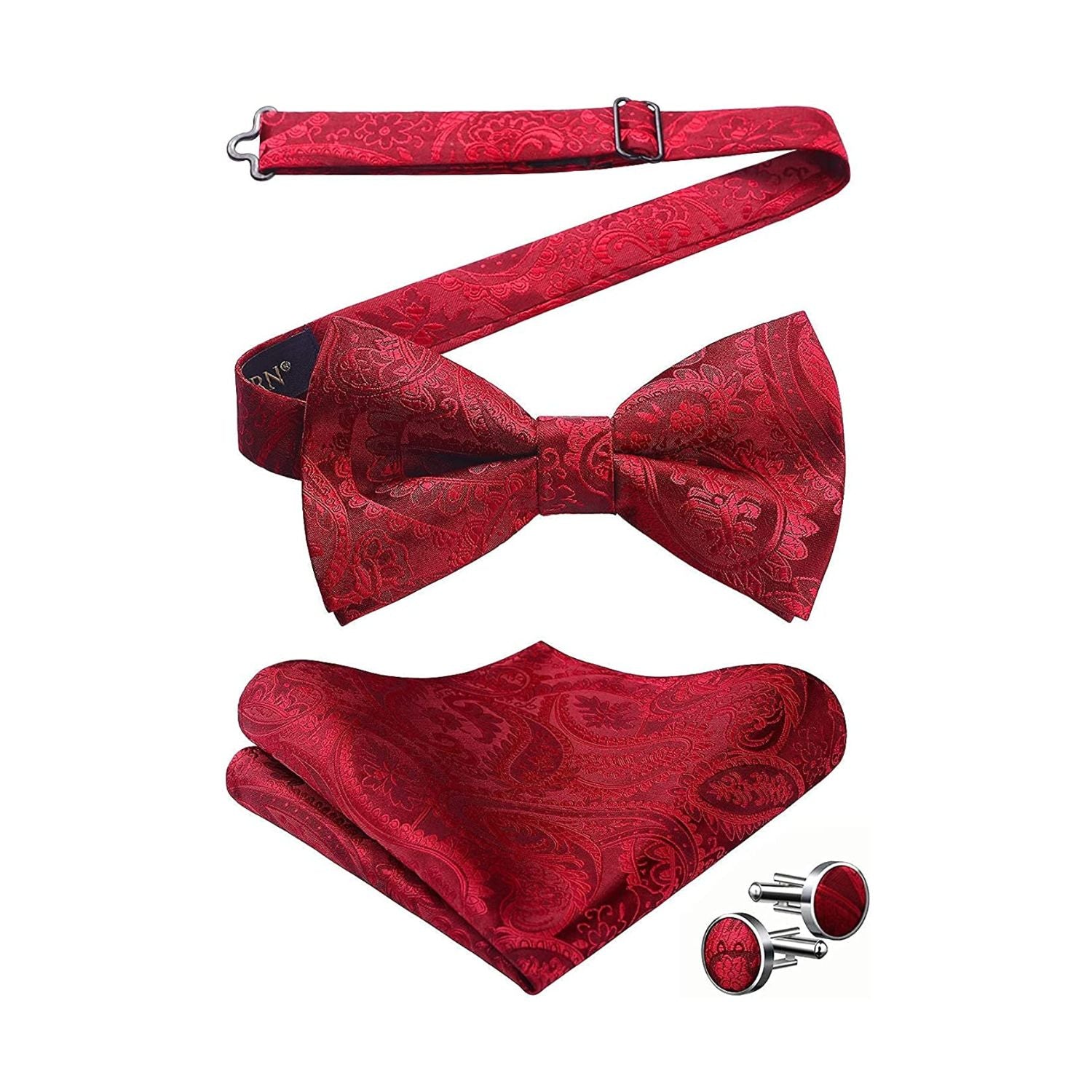 Red Paisley Pre-Tied Bow Tie Handkerchief With Cufflinks - Image 2