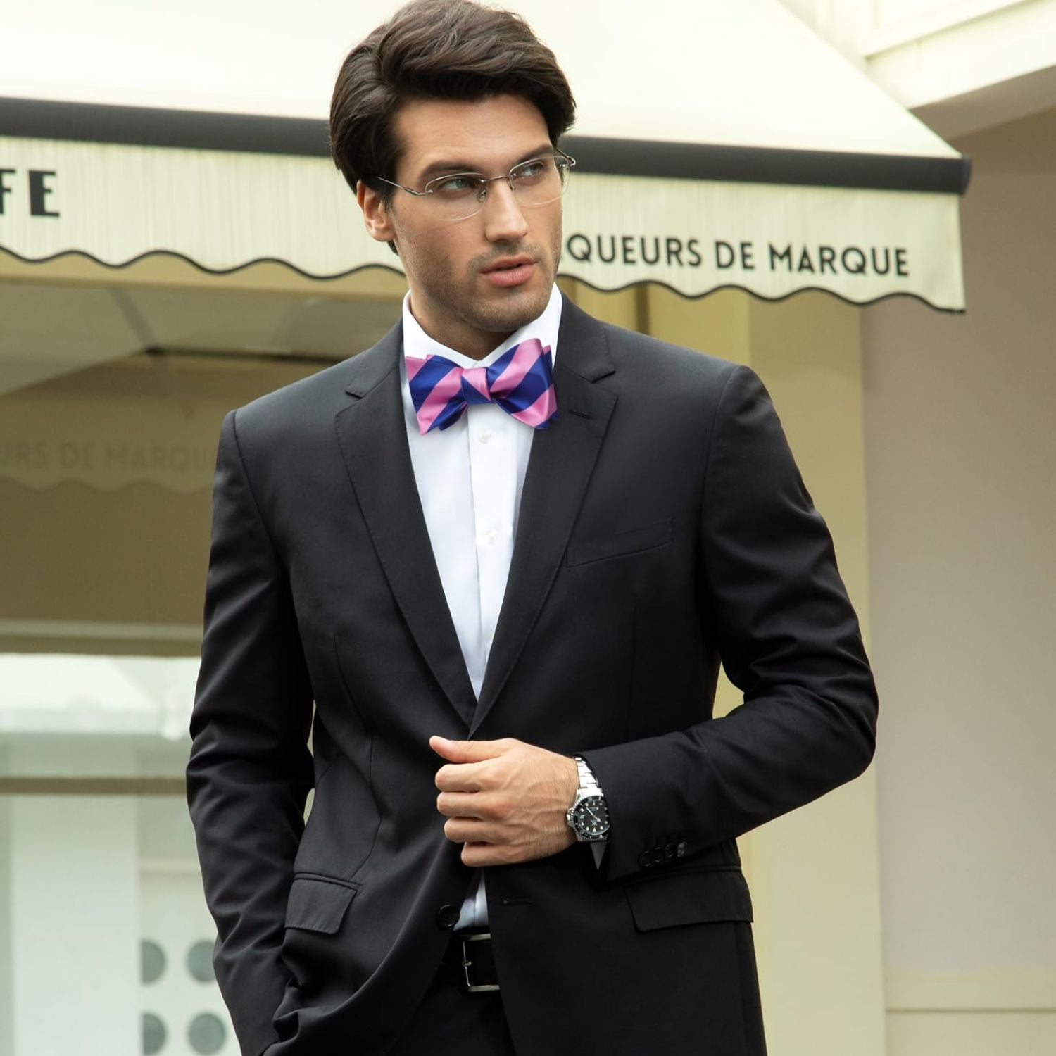 Pink Blue Striped Bow Tie Accessories Set For Evening Wear - Image 2