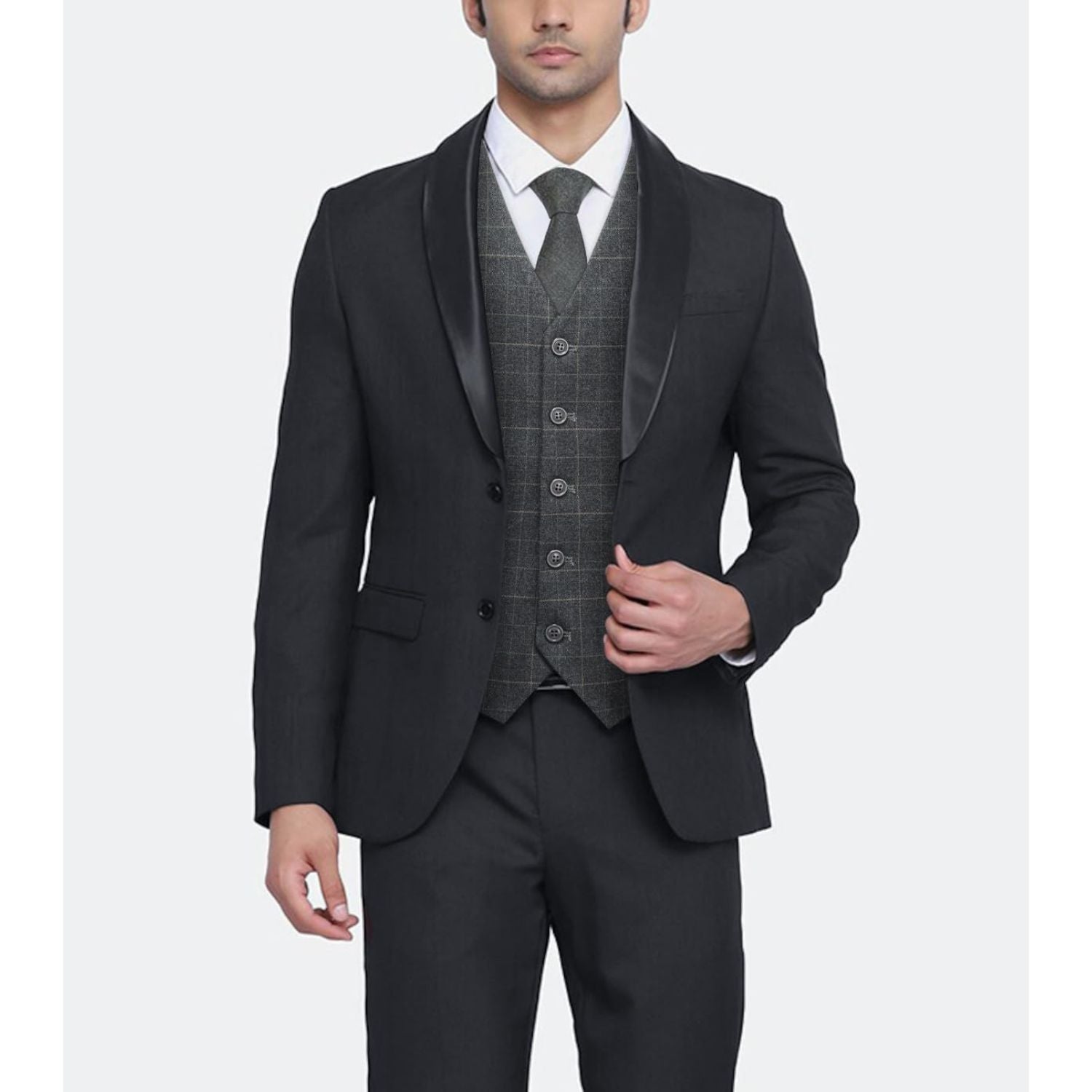 Men's Charcoal Grey Plaid Wedding Vest For Skinny Guys - Image 2