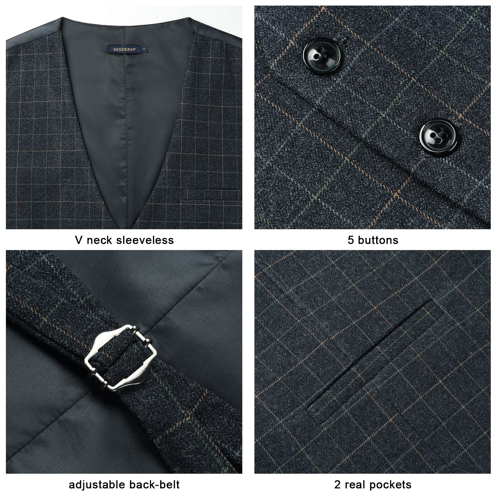 Men's Dark Black Plaid Wedding Vest For Skinny Guys - Image 3