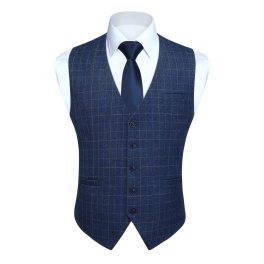 Men's Blue Plaid Wedding Vest For Skinny Guys