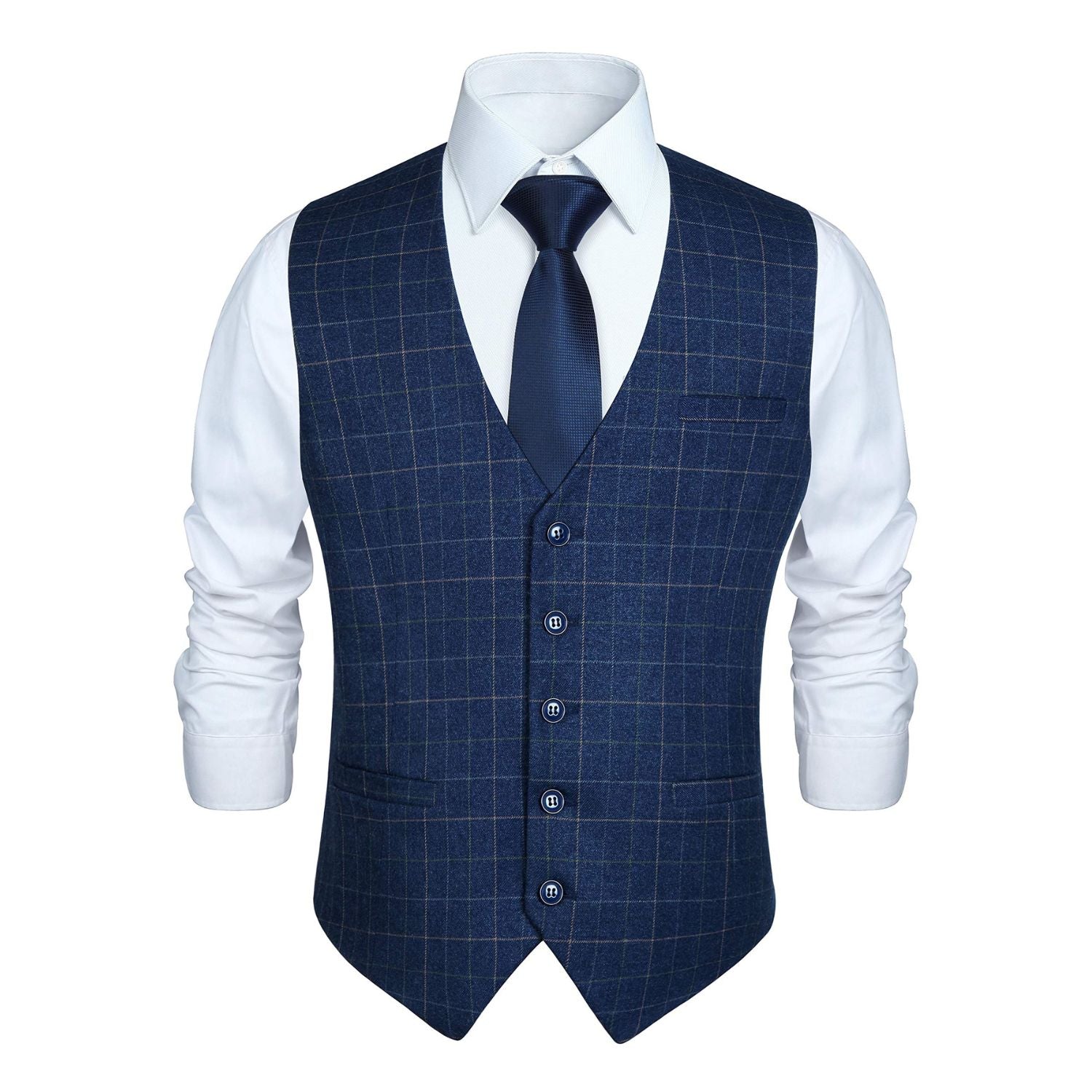 Men's Blue Plaid Wedding Vest For Skinny Guys - Image 3