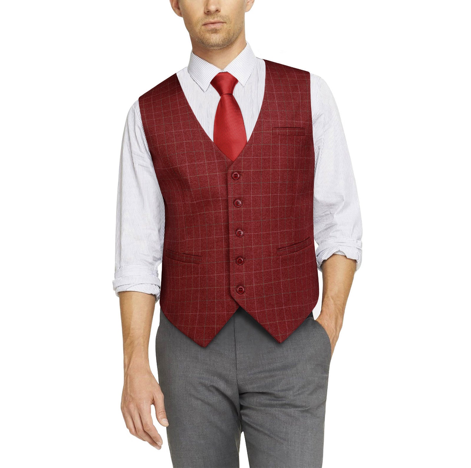 Men's Red Plaid Wedding Vest For Skinny Guys - Image 2