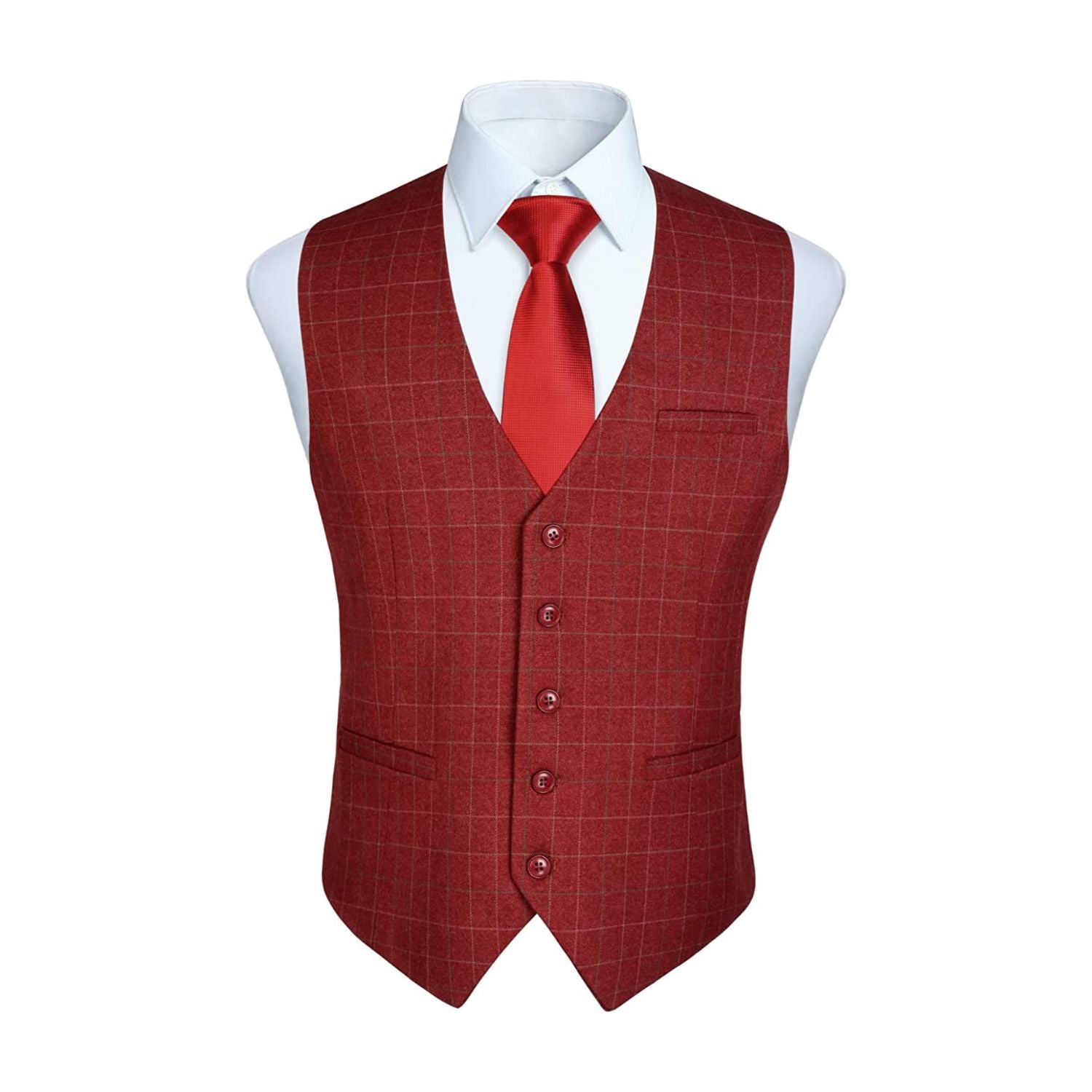 Men's Red Plaid Wedding Vest For Skinny Guys