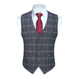 Men's Blue Grey Plaid Wedding Vest For Skinny Guys
