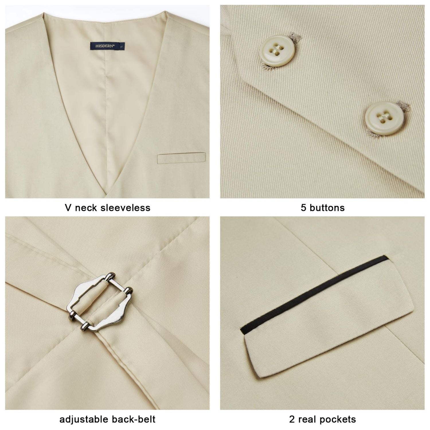 Men's Khaki Beige Light Satin Suit Vest Formal Wear For Wedding - Image 4