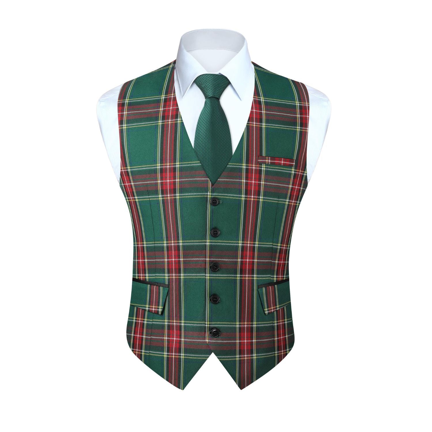 Men's Green Red Plaid Wedding Vest For Holiday