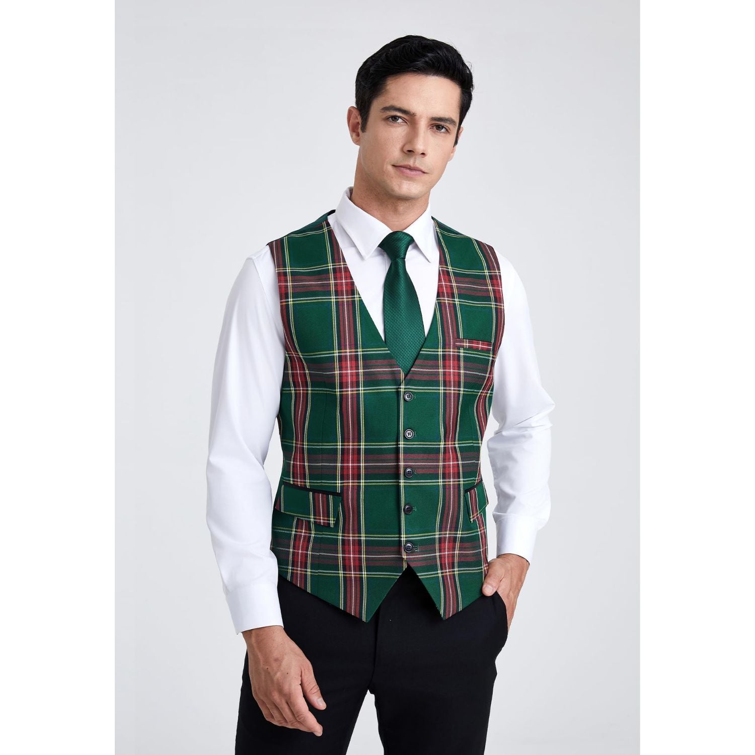 Men's Green Red Plaid Wedding Vest For Holiday - Image 2
