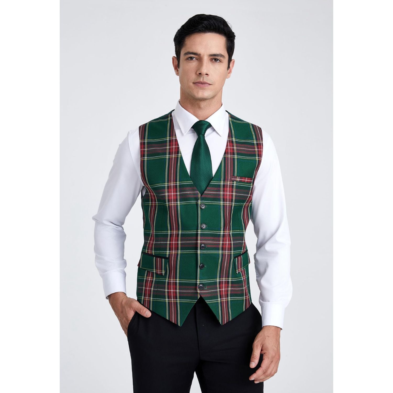 Men's Green Red Plaid Wedding Vest For Holiday - Image 3