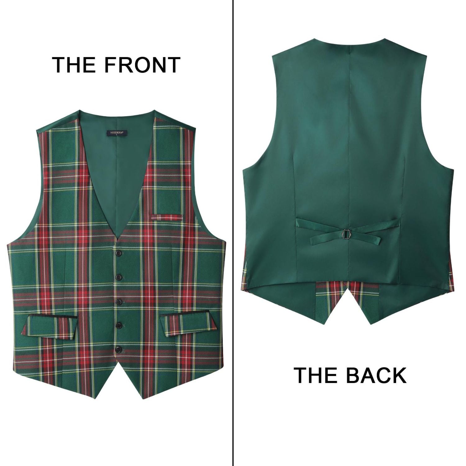 Men's Green Red Plaid Wedding Vest For Holiday - Image 4
