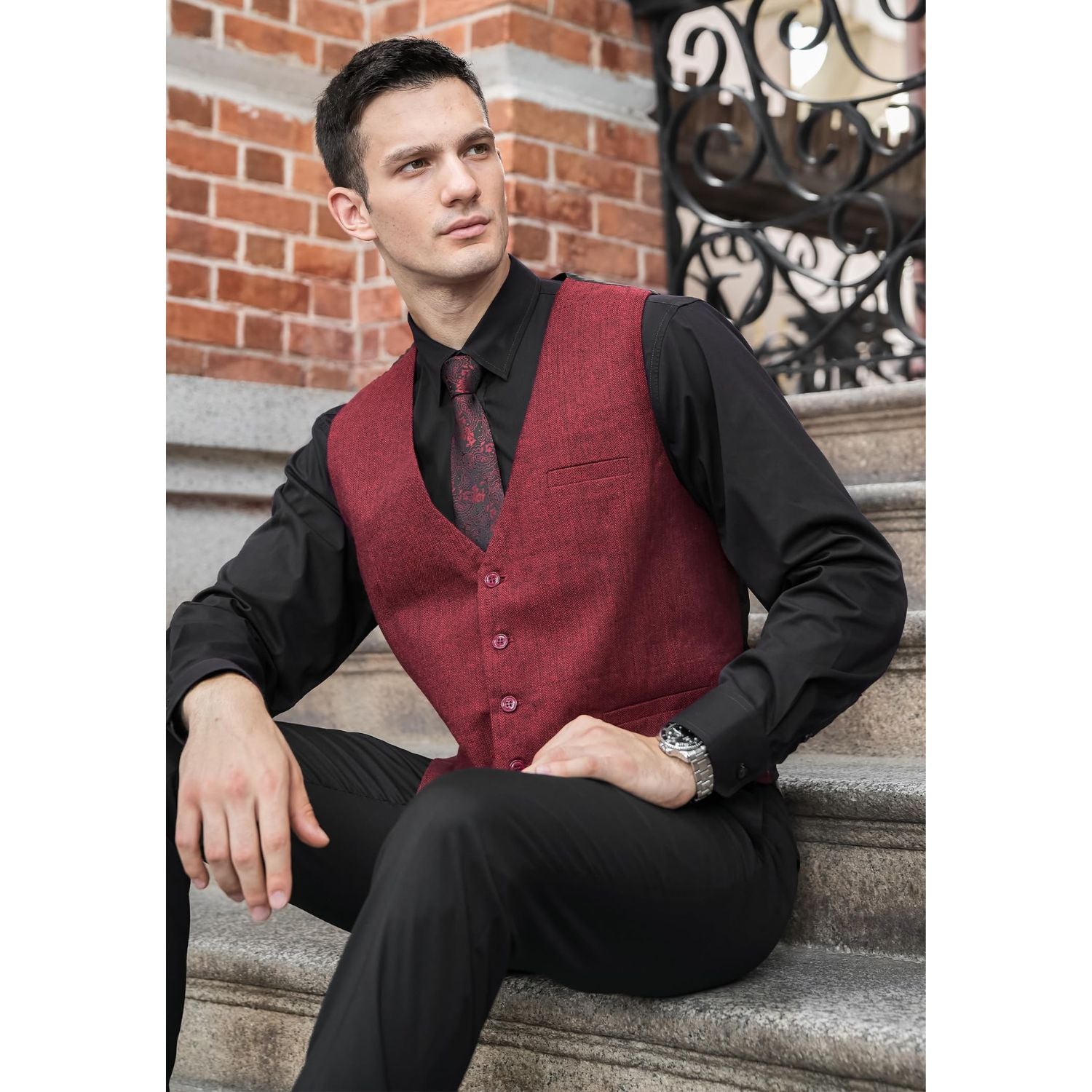 Men's Burgundy Satin Suit Vest Formal Wear - Image 3