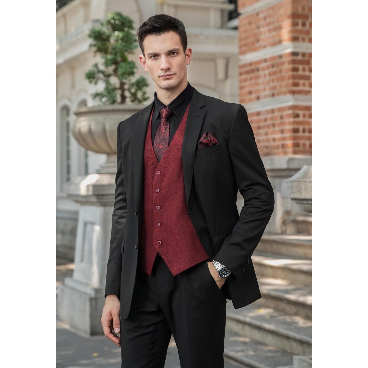 Men's Burgundy Satin Suit Vest Formal Wear - Image 2