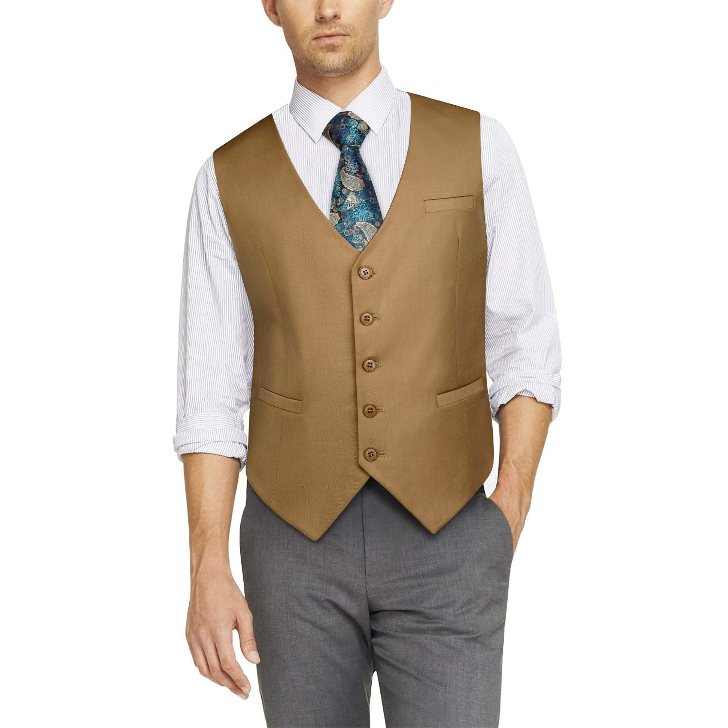 Men's Khaki Satin Suit Vest Formal Wear - Image 2