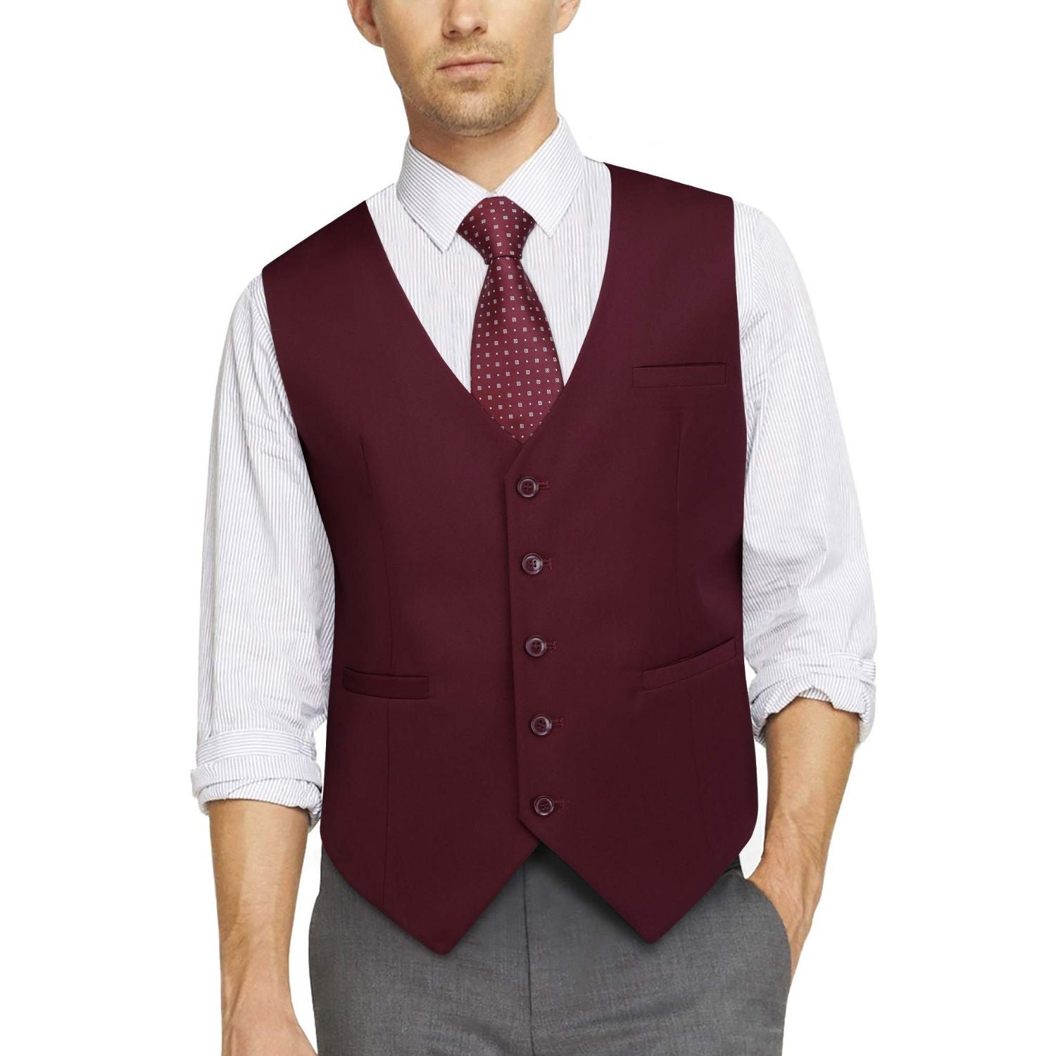 Men's Burgundy Satin Suit Vest Formal Wear - Image 2