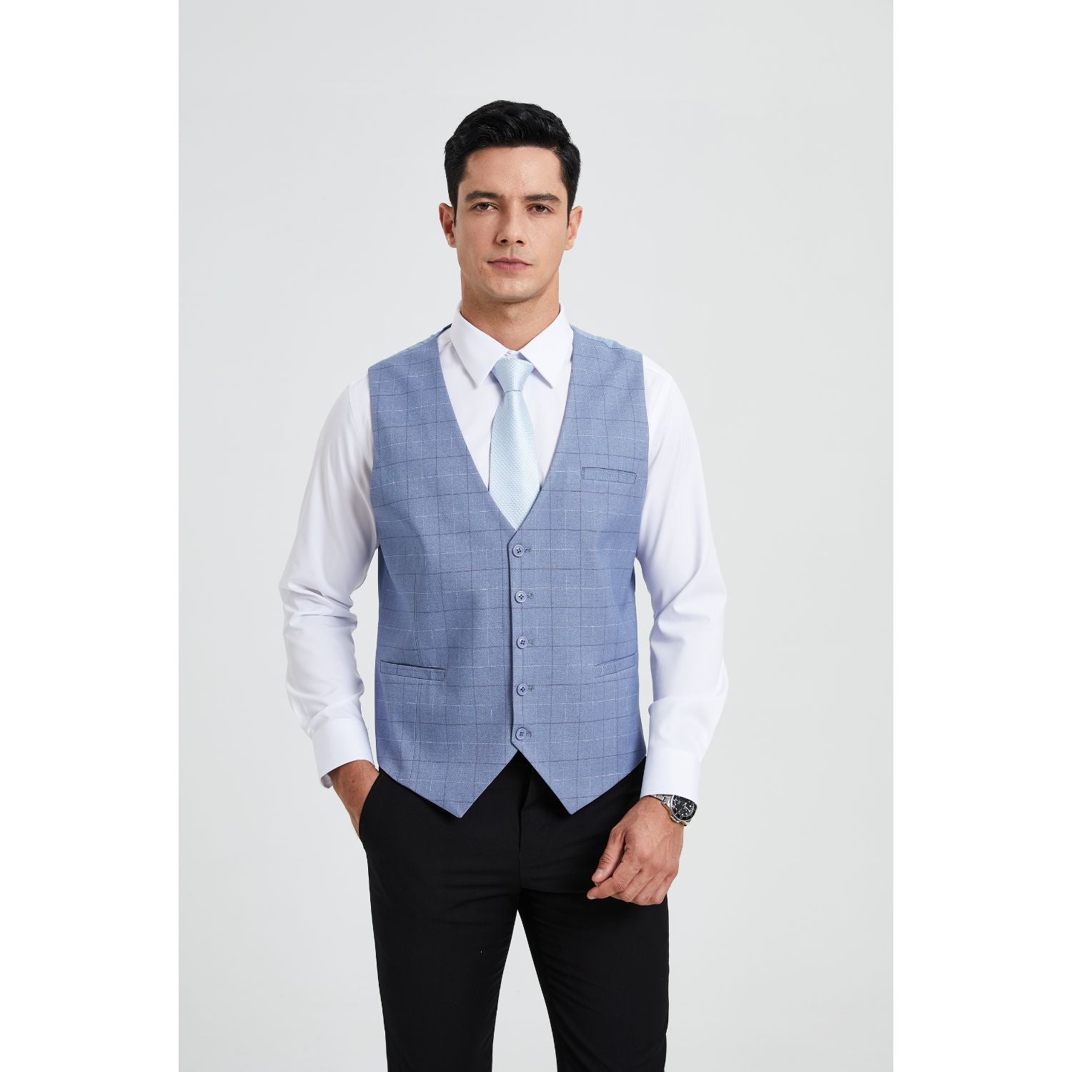 Men's Sky Blue Plaid Slim Suit Vest Formal Wear - Image 2