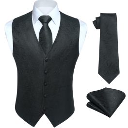 Men's Black Paisley Vest Tie Set For Weddings Anniversary