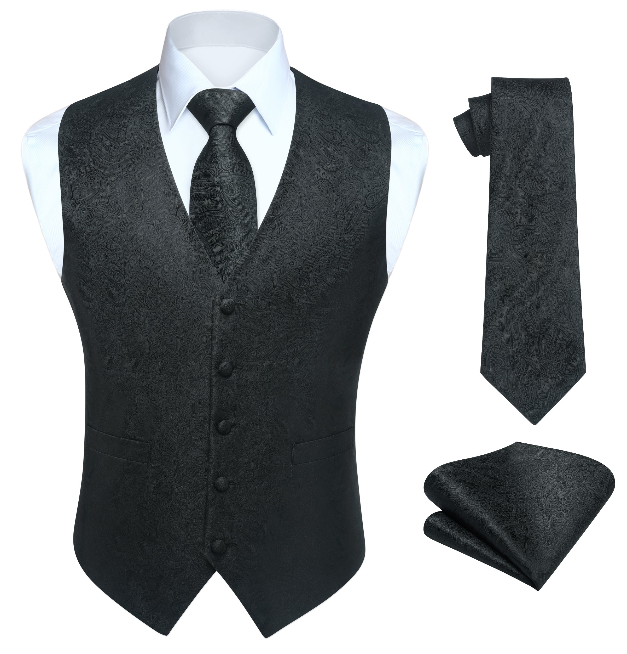 Men's Black Paisley Vest Tie Set For Weddings Anniversary