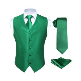 Men's Green Solid Vest Tie Set For Weddings Anniversary