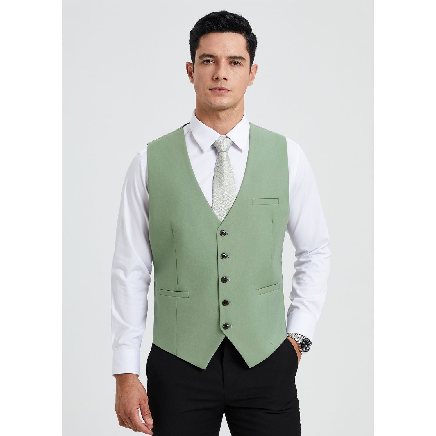 Men's Light Green Solid Wedding Vest For Skinny Guys - Image 2