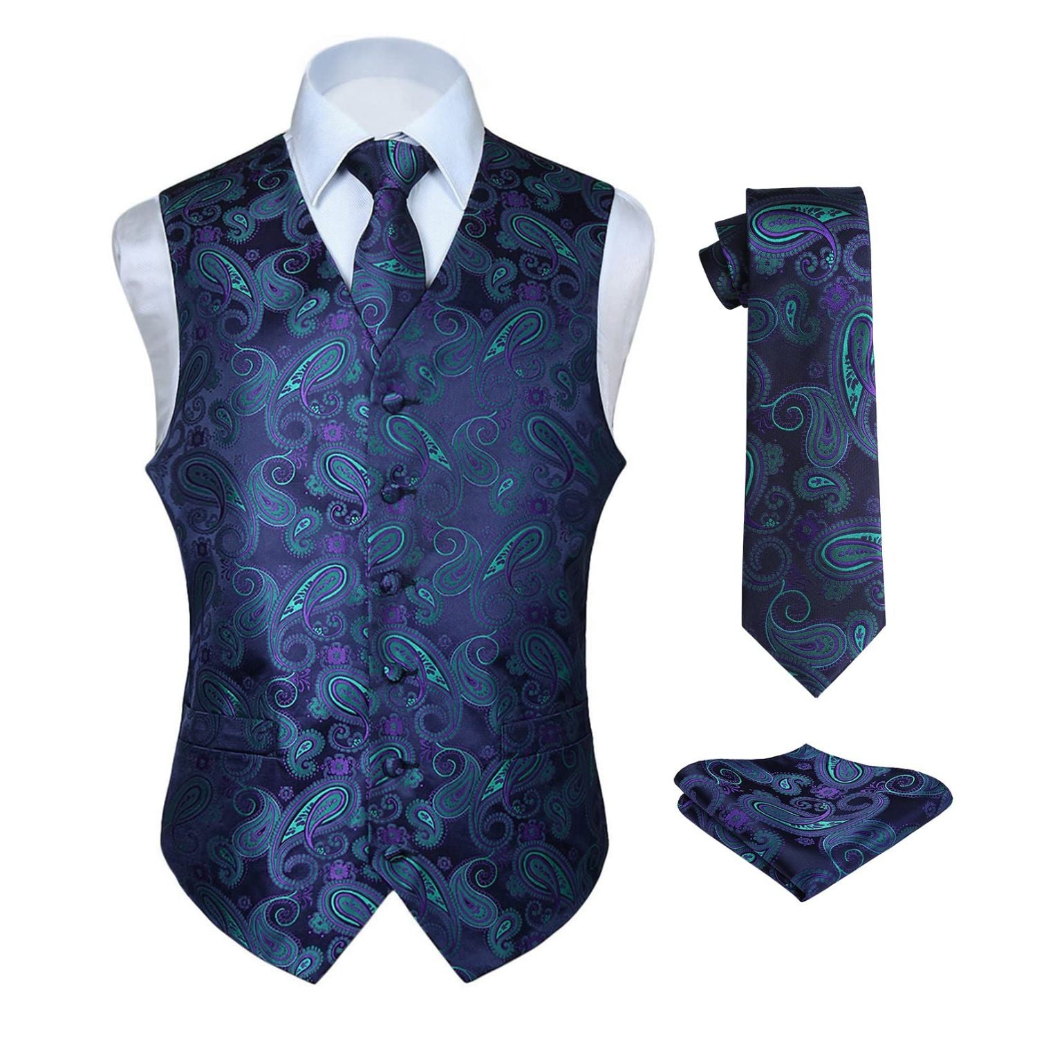 Men's Purple Green Paisley Vest Tie Set For Weddings