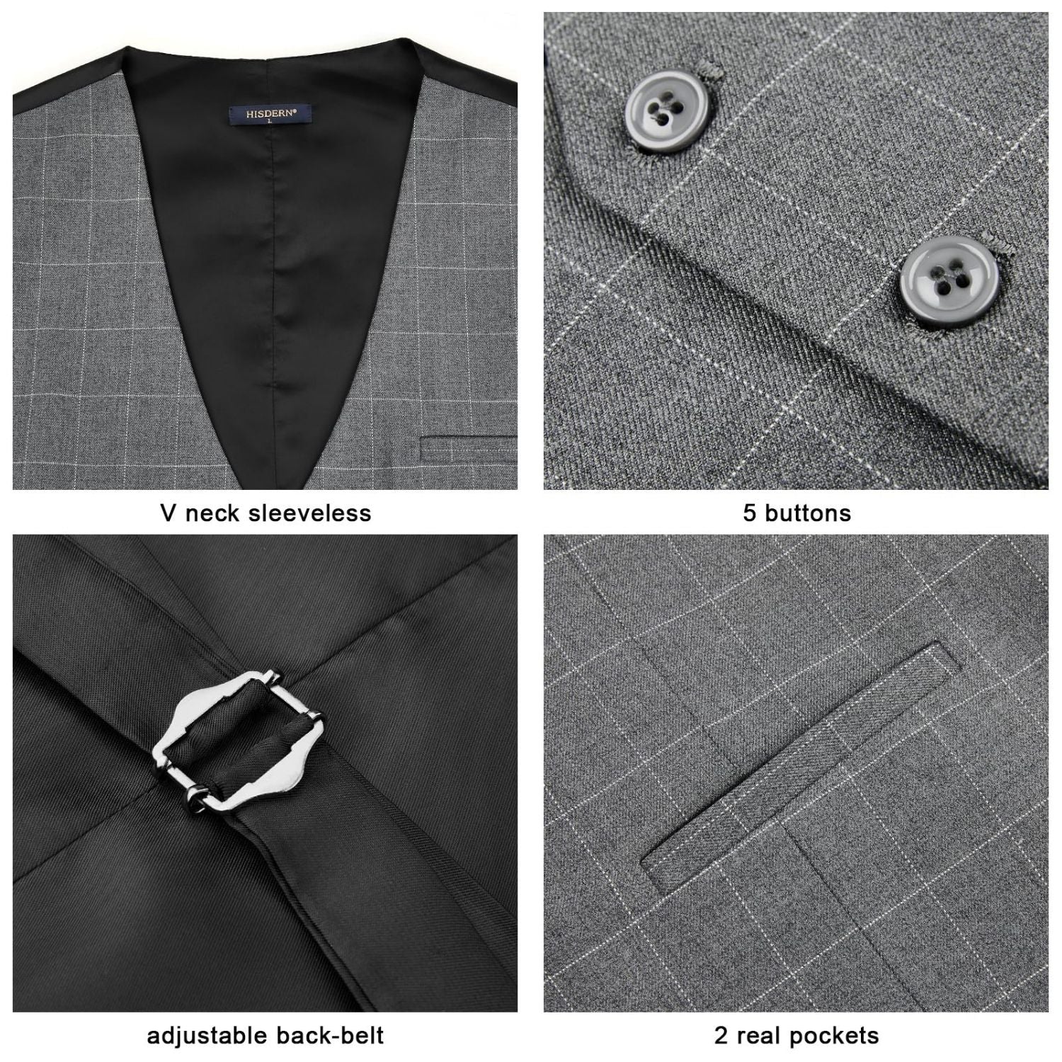 Men's Grey Plaid Wedding Vest For Skinny Guys - Image 3