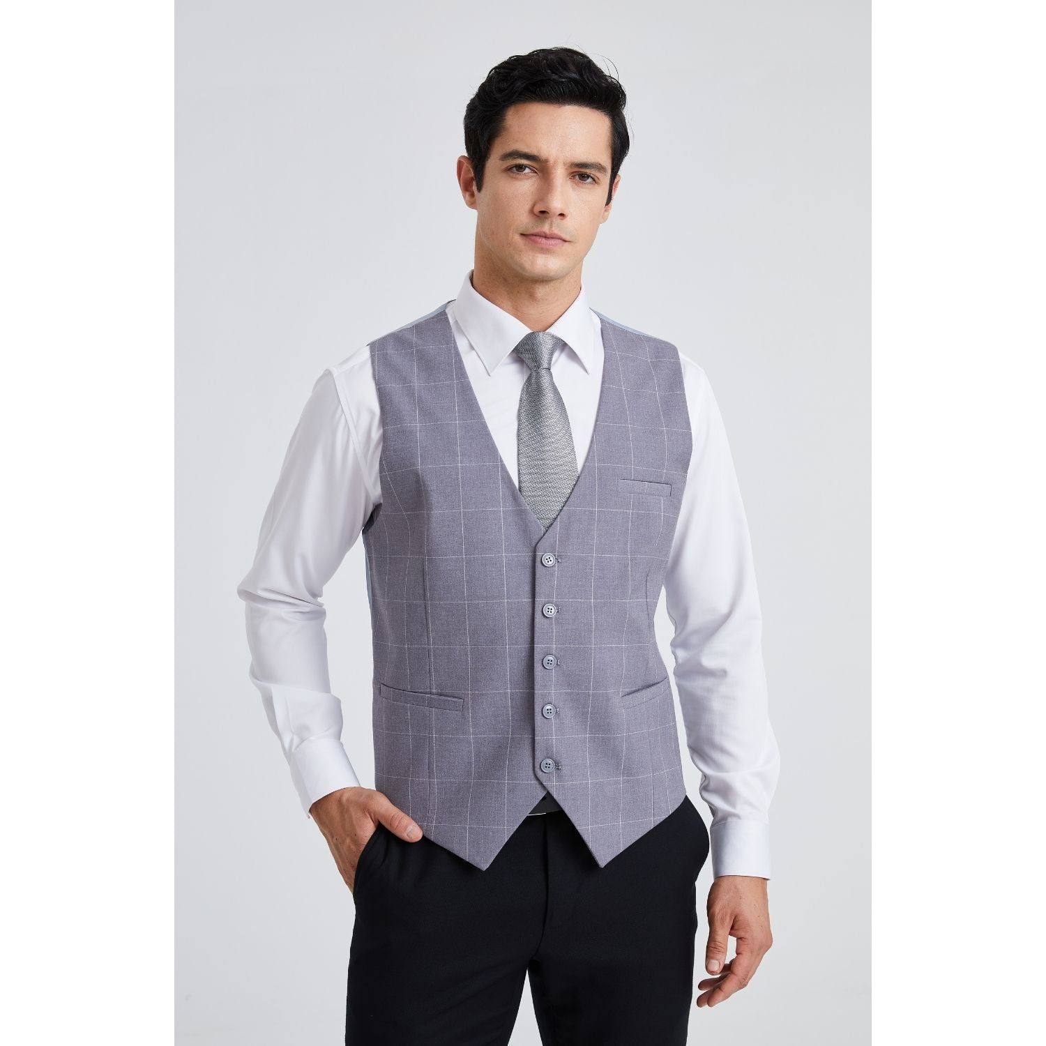 Men's Grey Light Plaid Wedding Vest For Skinny Guys - Image 2