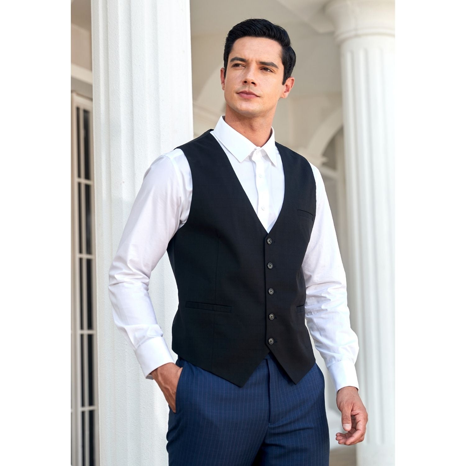 Men's Black Plaid Wedding Vest For Skinny Guys - Image 2