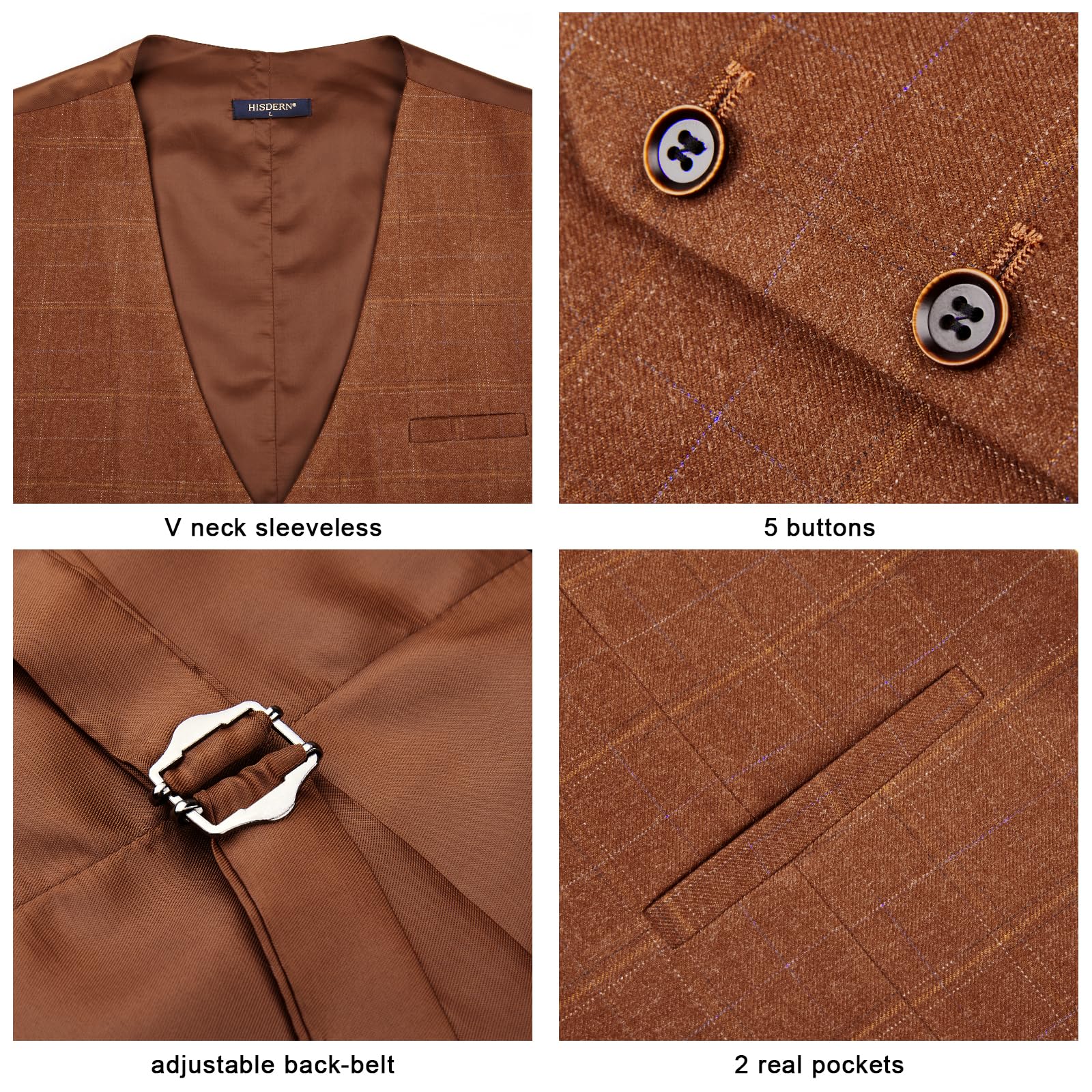 Men's Orange Plaid Wedding Vest For Skinny Guys - Image 3