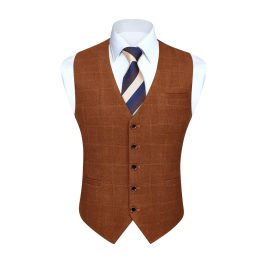 Men's Orange Plaid Wedding Vest For Skinny Guys