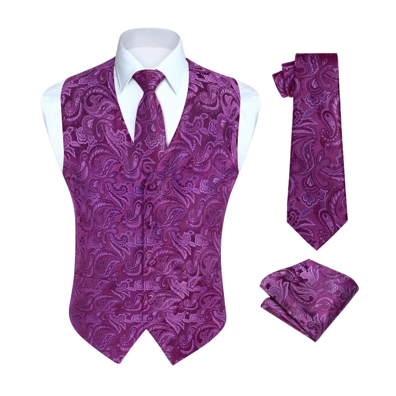 Men's Purple Paisley Vest Tie Set For Weddings