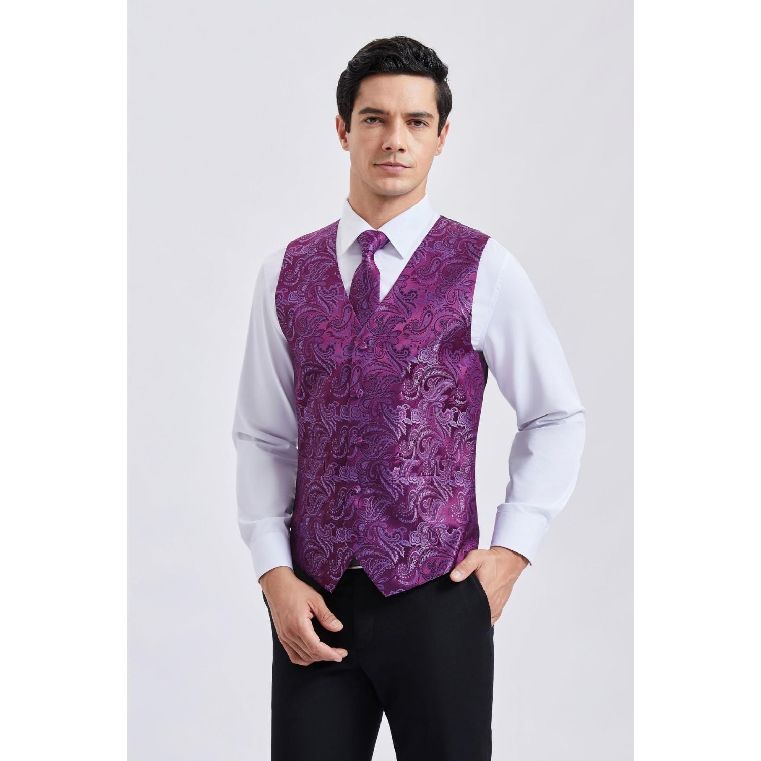 Men's Purple Paisley Vest Tie Set For Weddings - Image 3