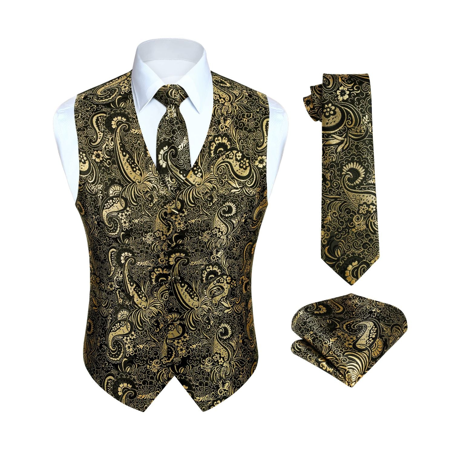 Men's Gold Black Paisley Vest Tie Set For Weddings