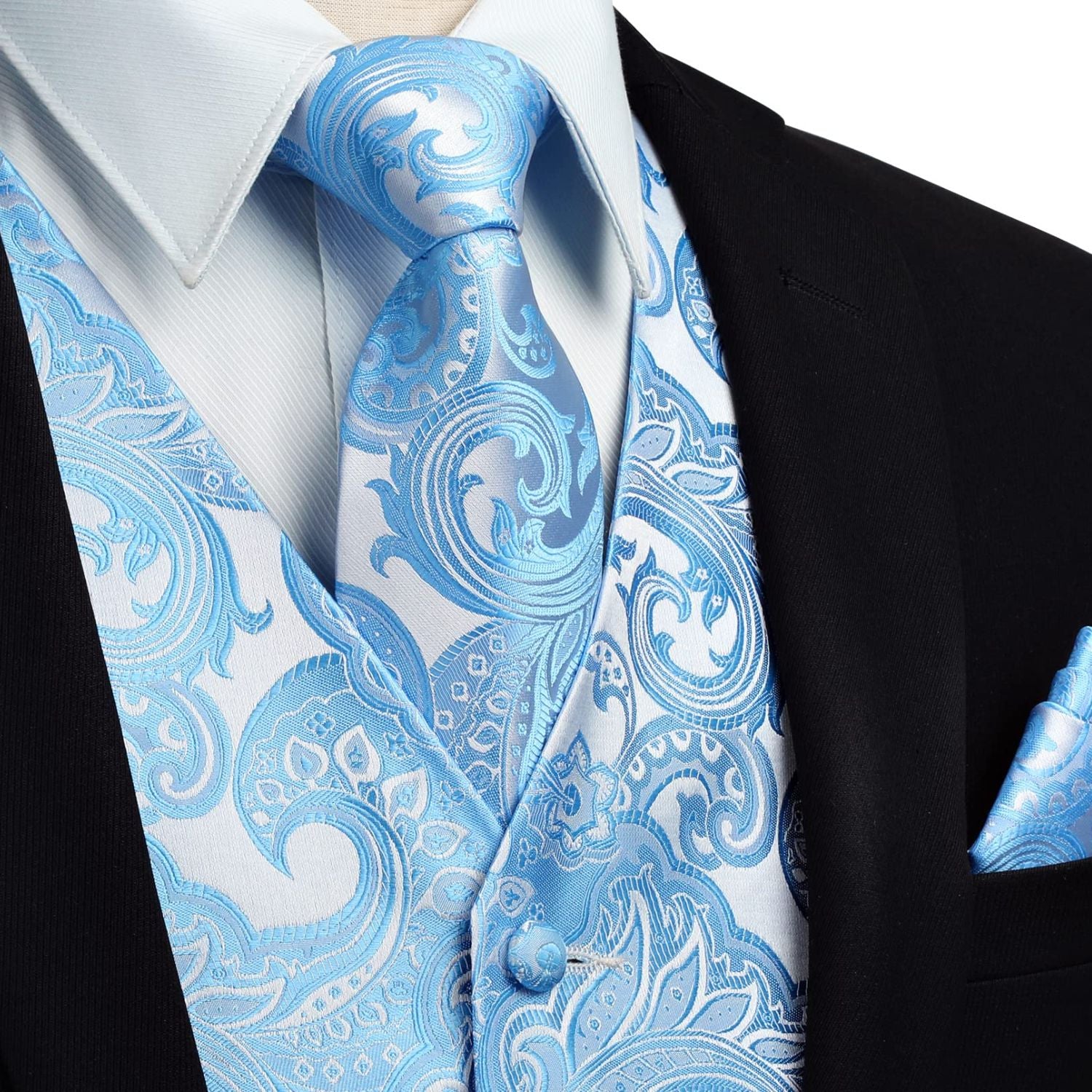 Men's Light Blue Paisley Vest Tie Set For Weddings - Image 2