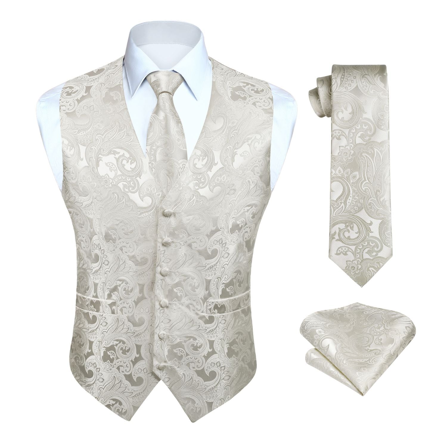 Men's White Beige Vest Tie Set For Weddings