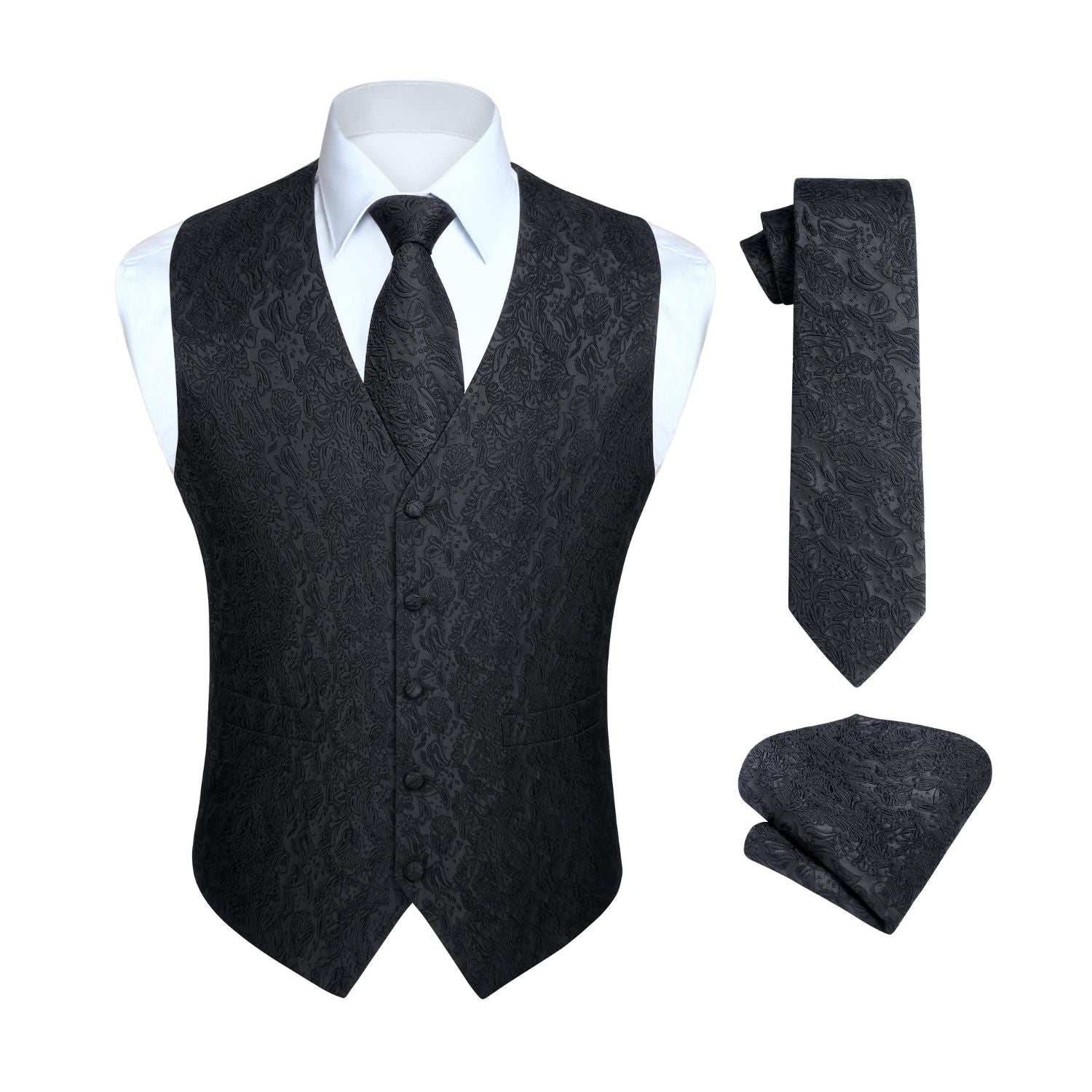 Men's Black Paisley Vest Tie Set For Weddings