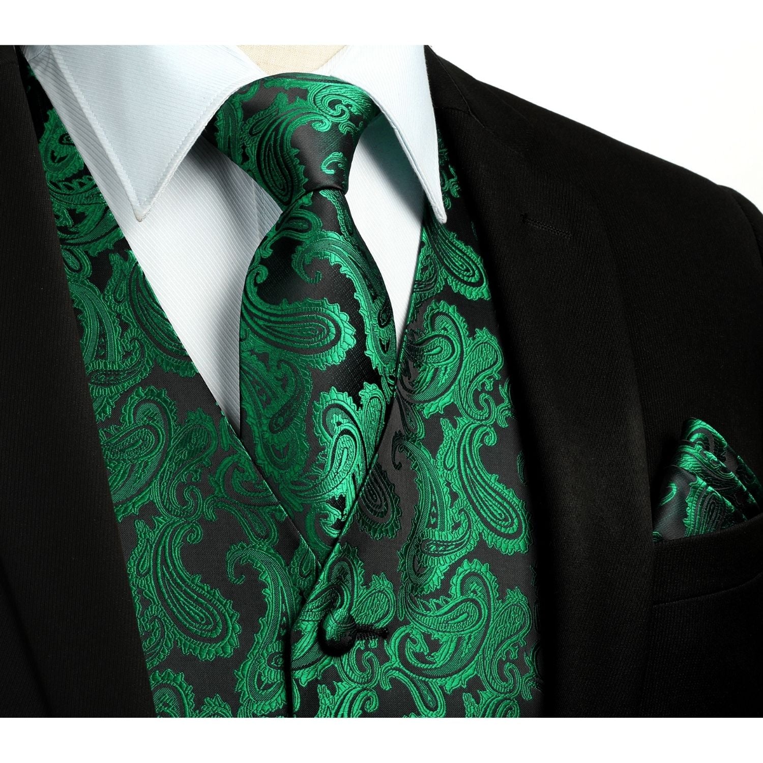 Men's Green Paisley Vest Tie Set For Weddings Anniversary - Image 2