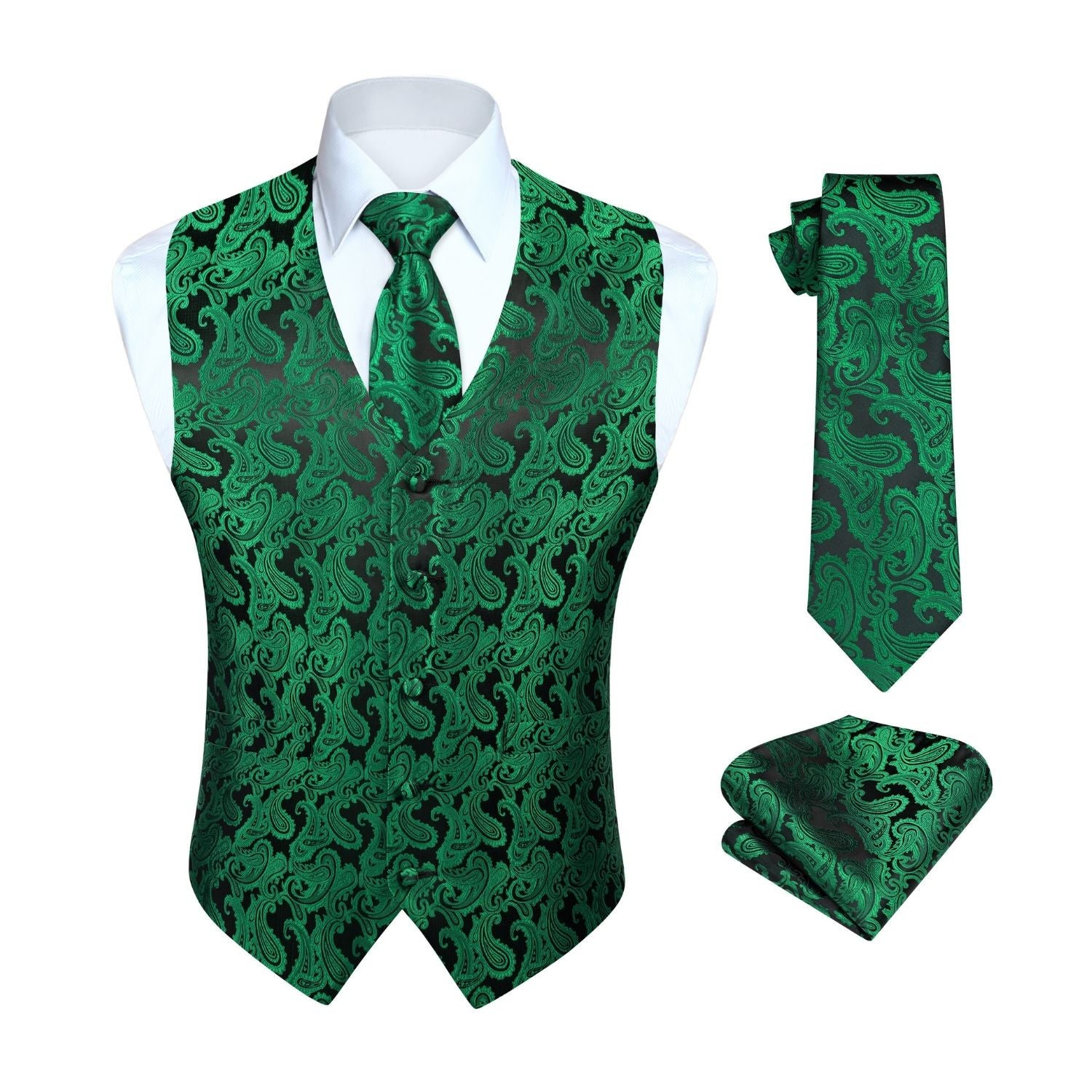 Men's Green Paisley Vest Tie Set For Weddings Anniversary