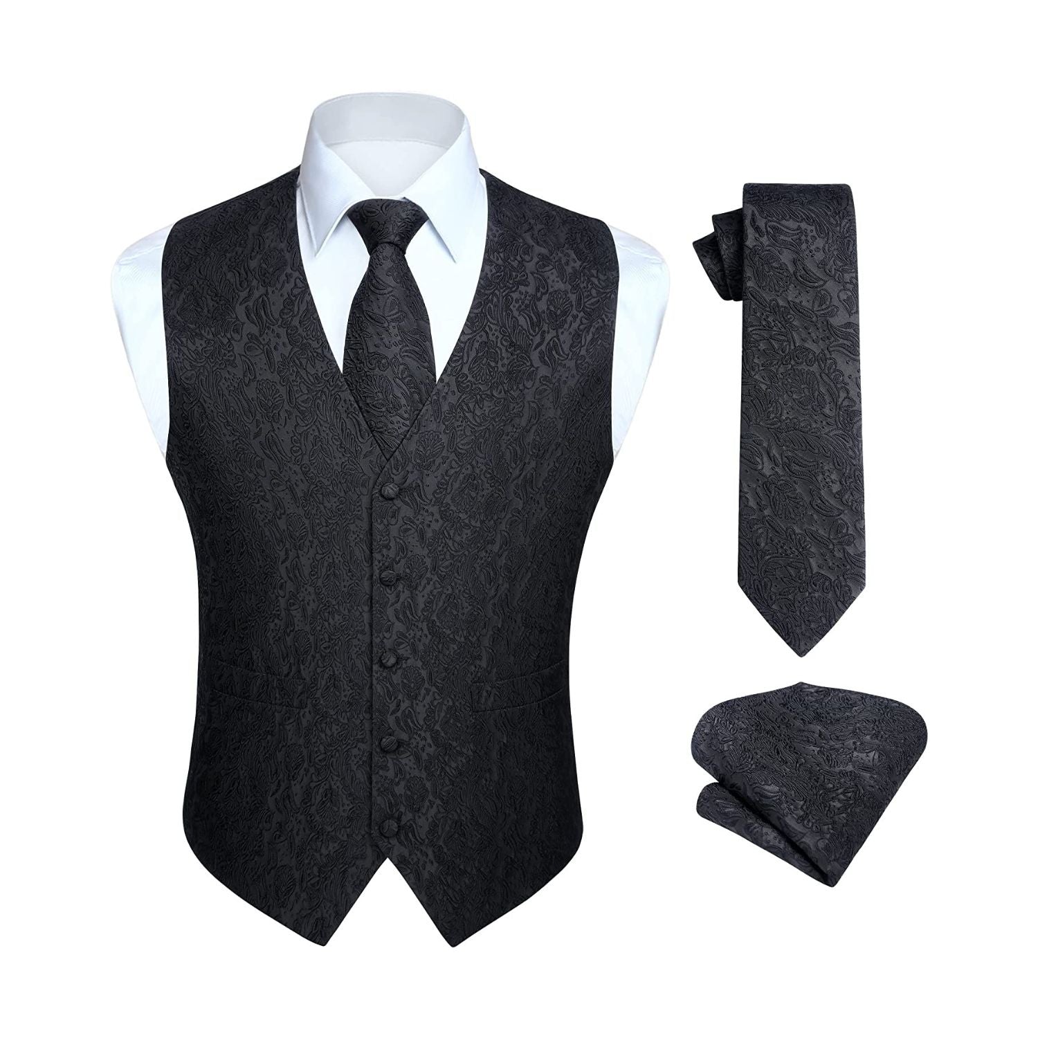 Men's Black Paisley Vest Tie Set For Weddings
