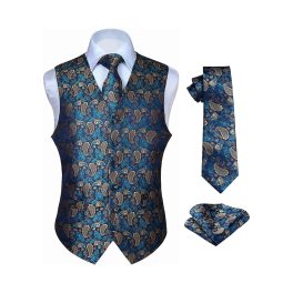 Men's Navy Blue Brown Paisley Vest Tie Set For Weddings