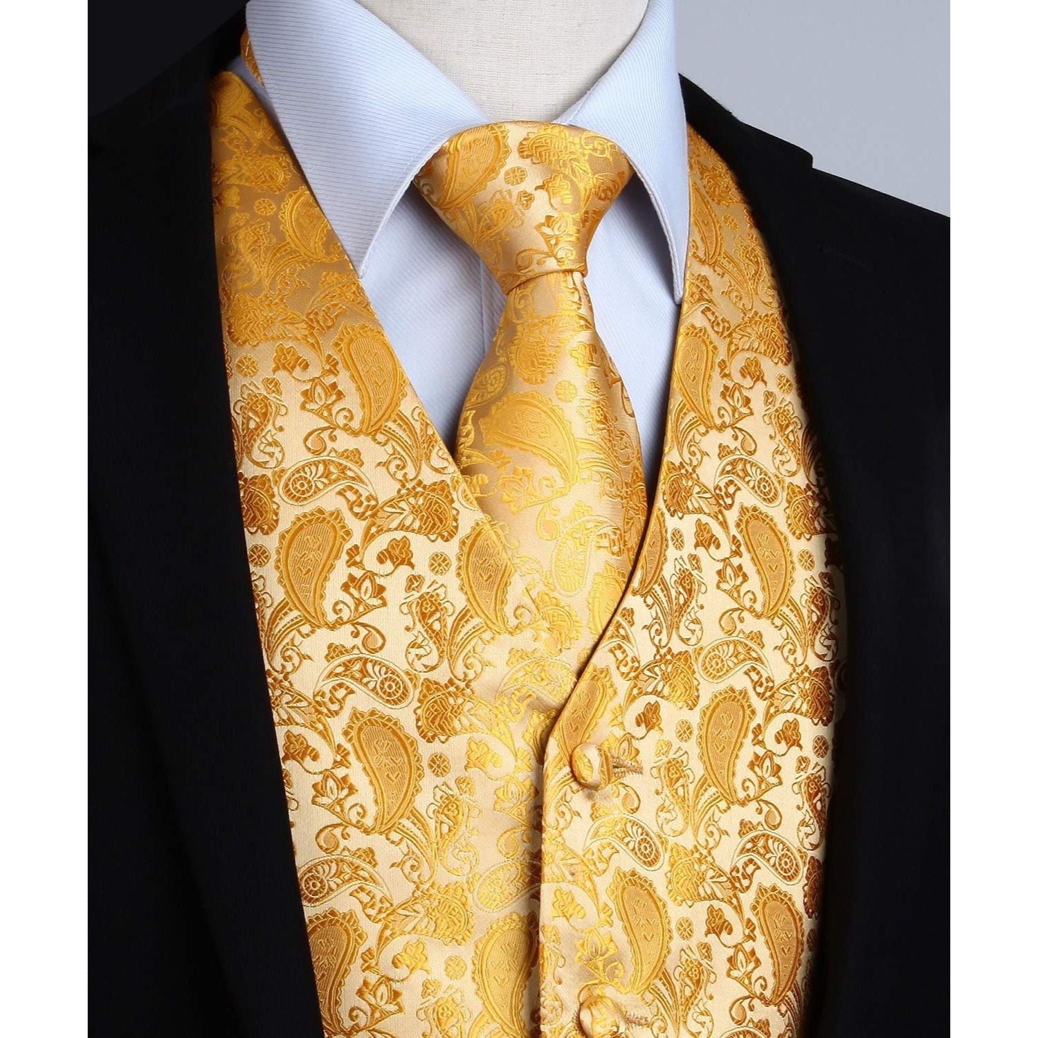 Men's Deep Yellow Paisley Vest Tie Set For Weddings Anniversary