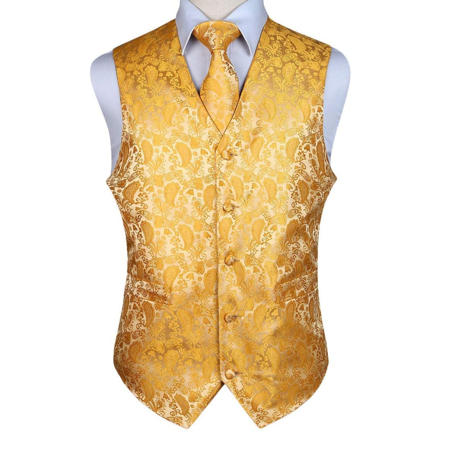 Men's Deep Yellow Paisley Vest Tie Set For Weddings Anniversary - Image 2